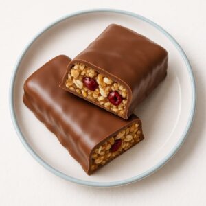 Протеиновый батончик в шоколадной глазури в разрезе с видимой начинкой и крошкой